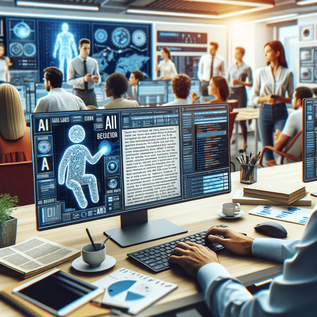 Active newsroom with journalist using AI content creation tool and colleagues analyzing AI-driven data analytics.