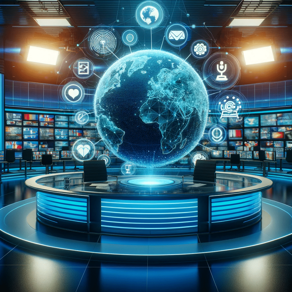 Holographic global projection in a modern news studio with AI integration.