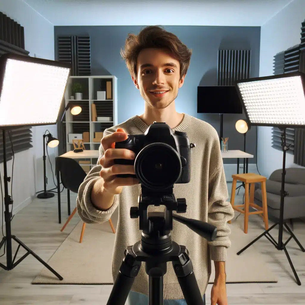 Youtuber vlogging in a brightly lit home studio