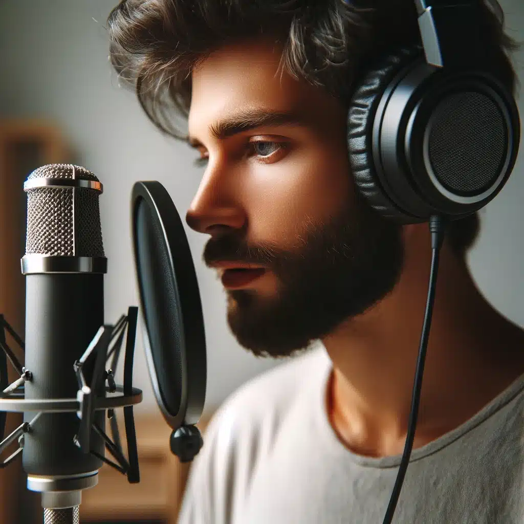 Podcaster recording an episode in a studio