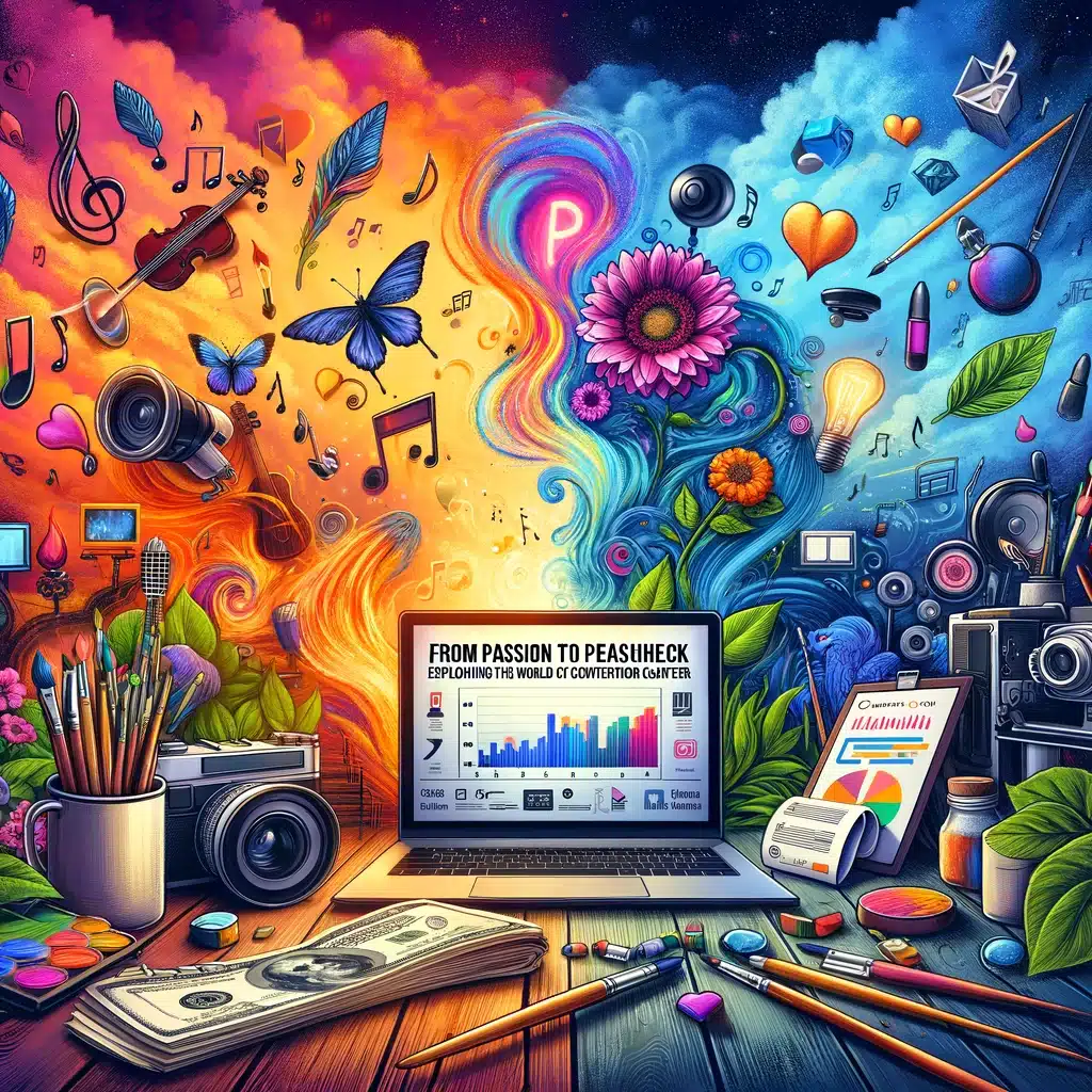 Inspirational image showing the transition from passion to paycheck for content creators, featuring symbols of creativity like paintbrushes and cameras blending into icons of success such as paychecks and social media growth analytics.