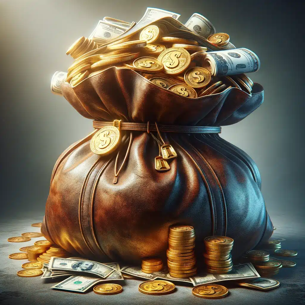 A leather money bag overflowing with gold coins and dollar bills.