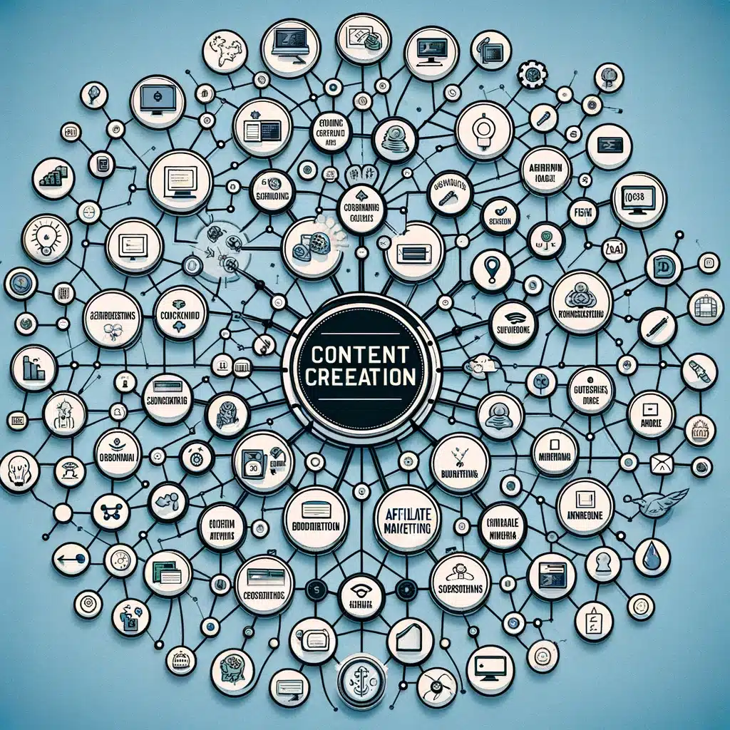 A network diagram with "Content Creation" at the center, connected to nodes labeled "Advertising," "Subscriptions," "Affiliate Marketing," etc.