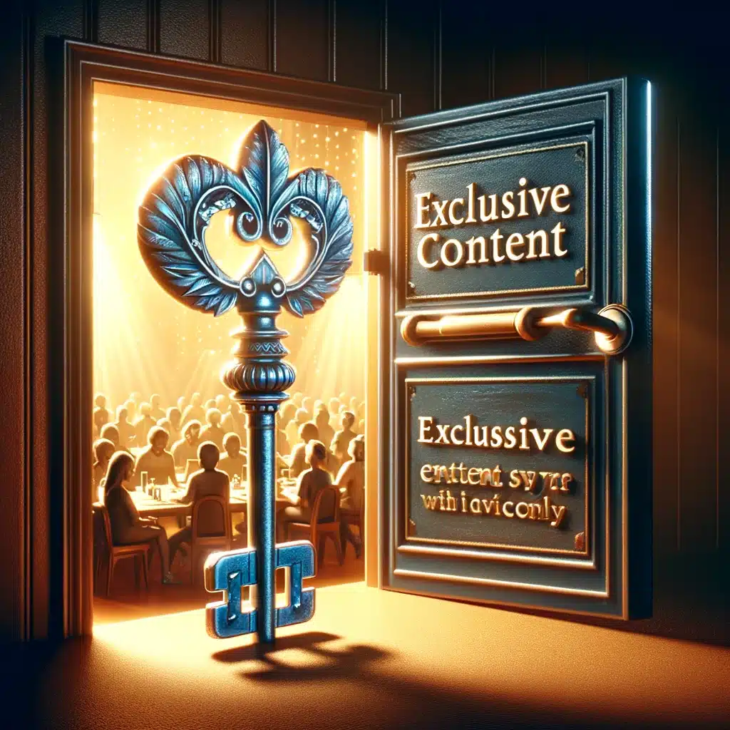 A stylized key unlocking a door labeled "Exclusive Content."