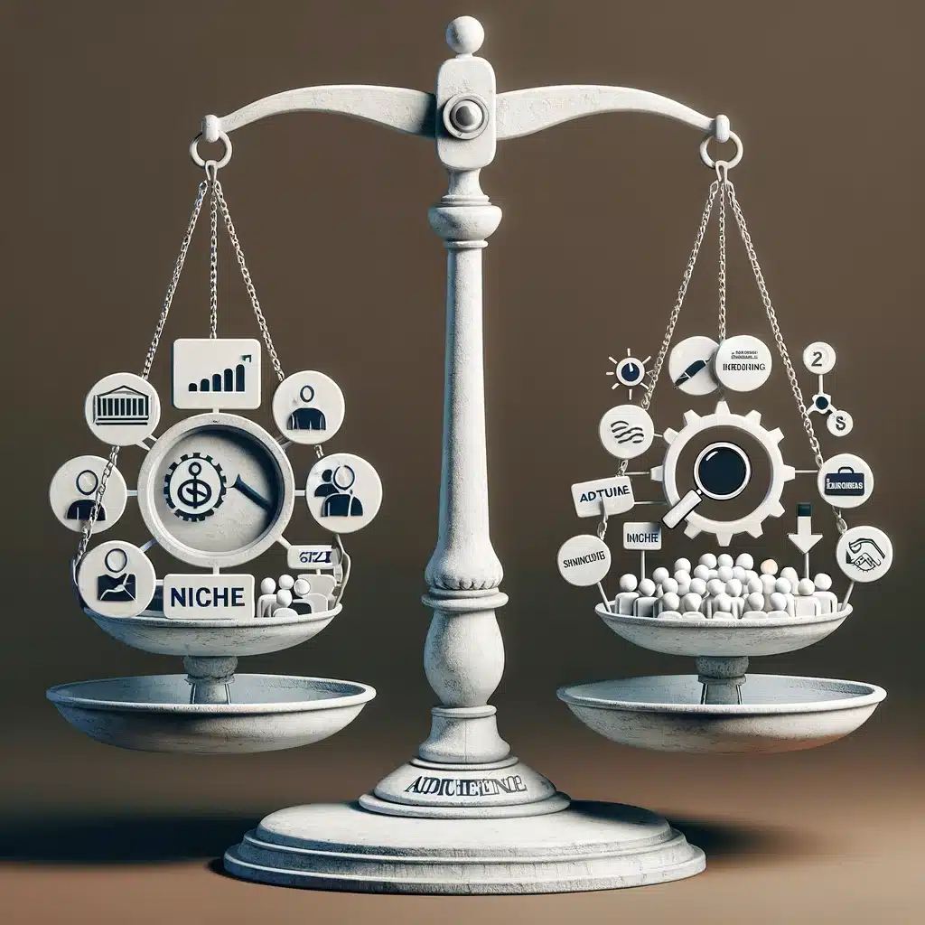 A balance scale with factors like "audience size" and "niche" on one side, and "monetization methods" on the other.