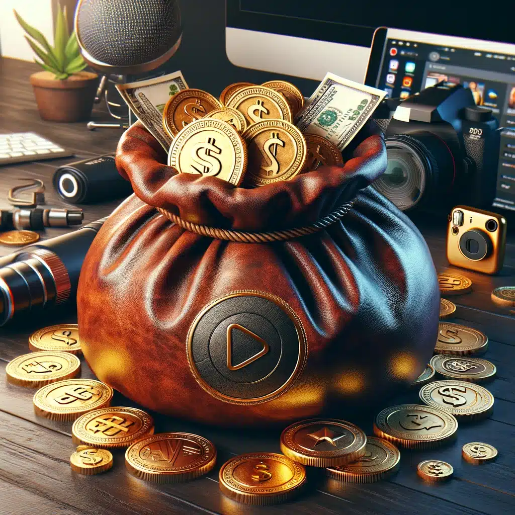 A vibrant illustration showcasing a treasure chest overflowing with digital content and monetization symbols.