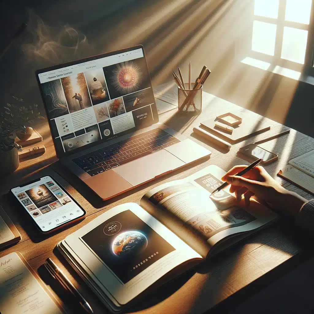 Content creator's desk with media kit, social media profile, notebook, and pen, signifying preparation for brand partnerships.