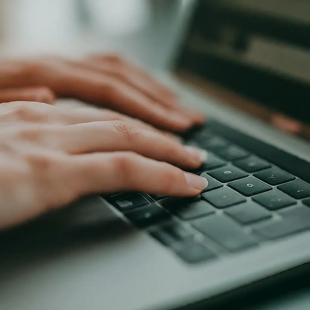Hands typing a blog post on a laptop
