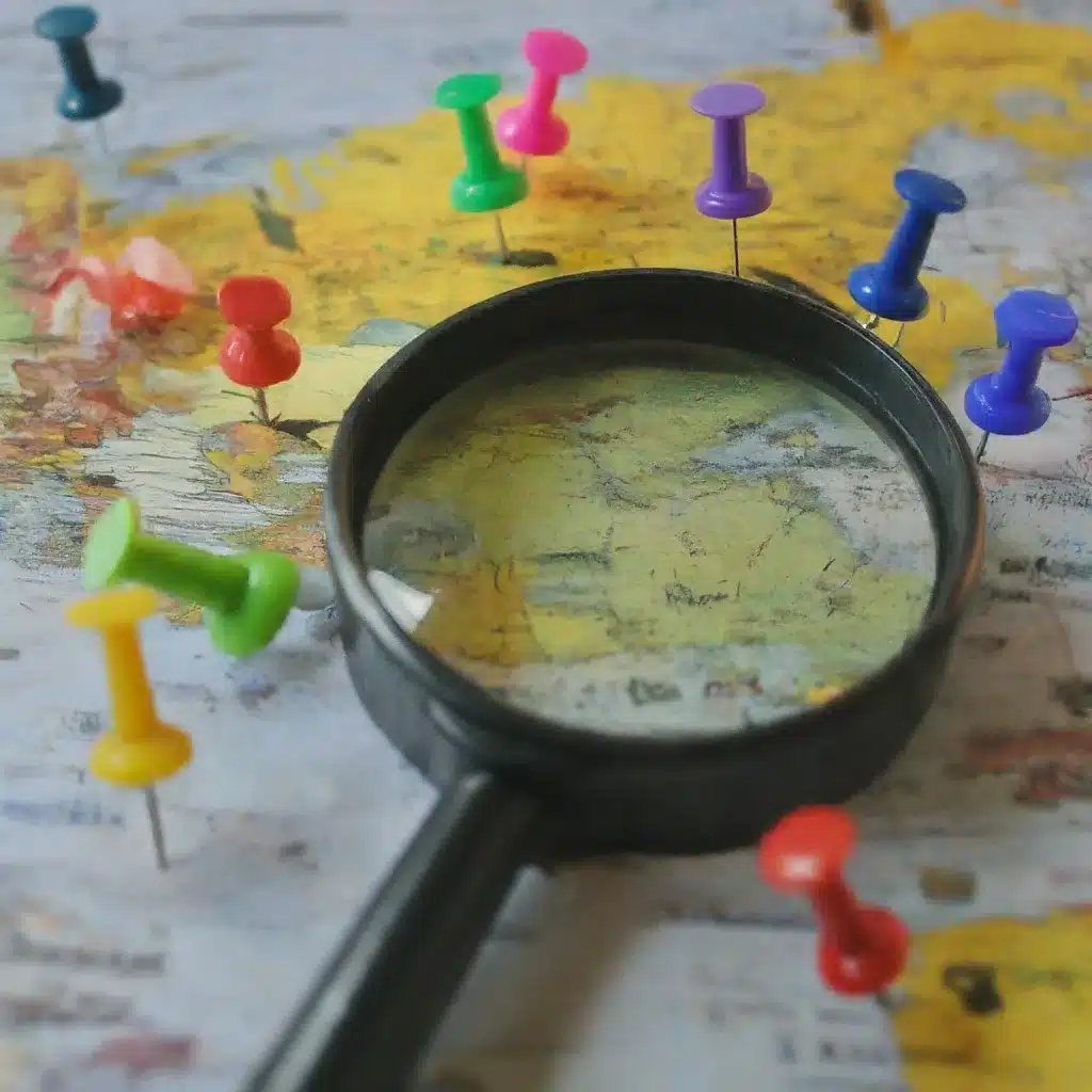 Colorful map with pins marking different audience segments and a magnifying glass, illustrating the importance of audience research for creating timeless content.